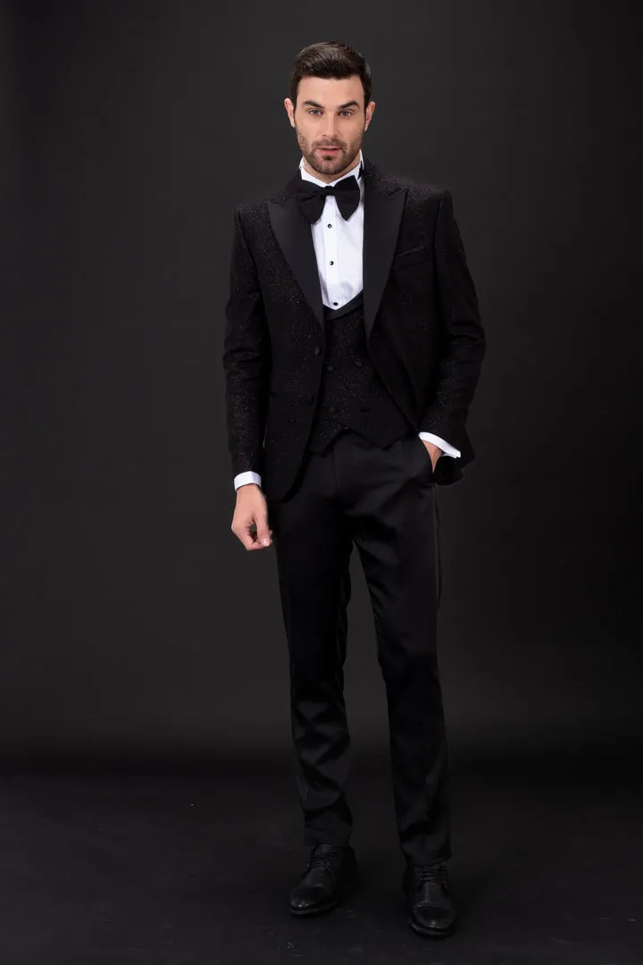 Mehmet Glitter 1 Button Slim Fit Tuxedo Suit, T14-BLACK