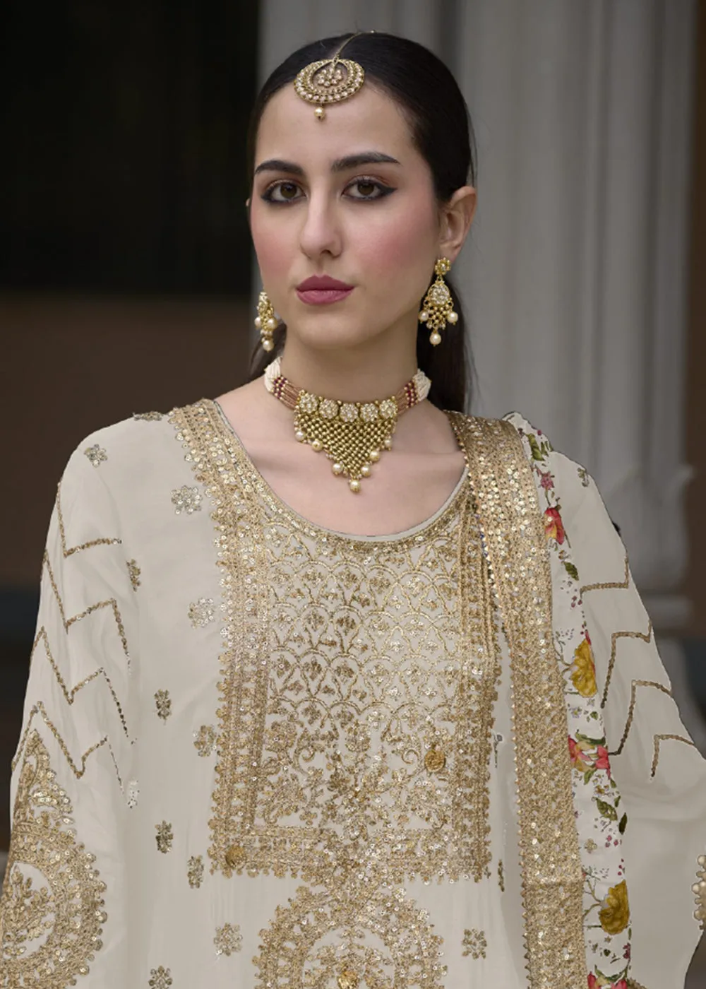 Off White Pure Chinnon Pakistani Style Palazzo Suit