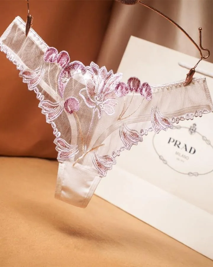 See-through Mesh Splicing Embroidery Thong Panties