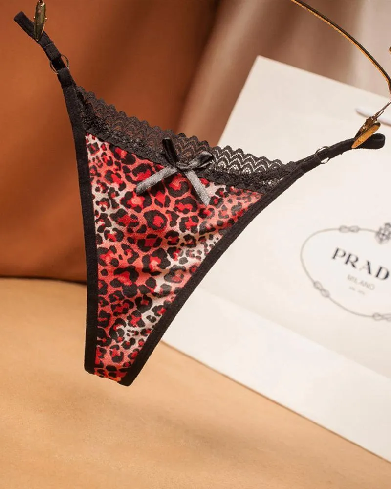 Sexy Leopard Splicing Lace Bow Thong Panties