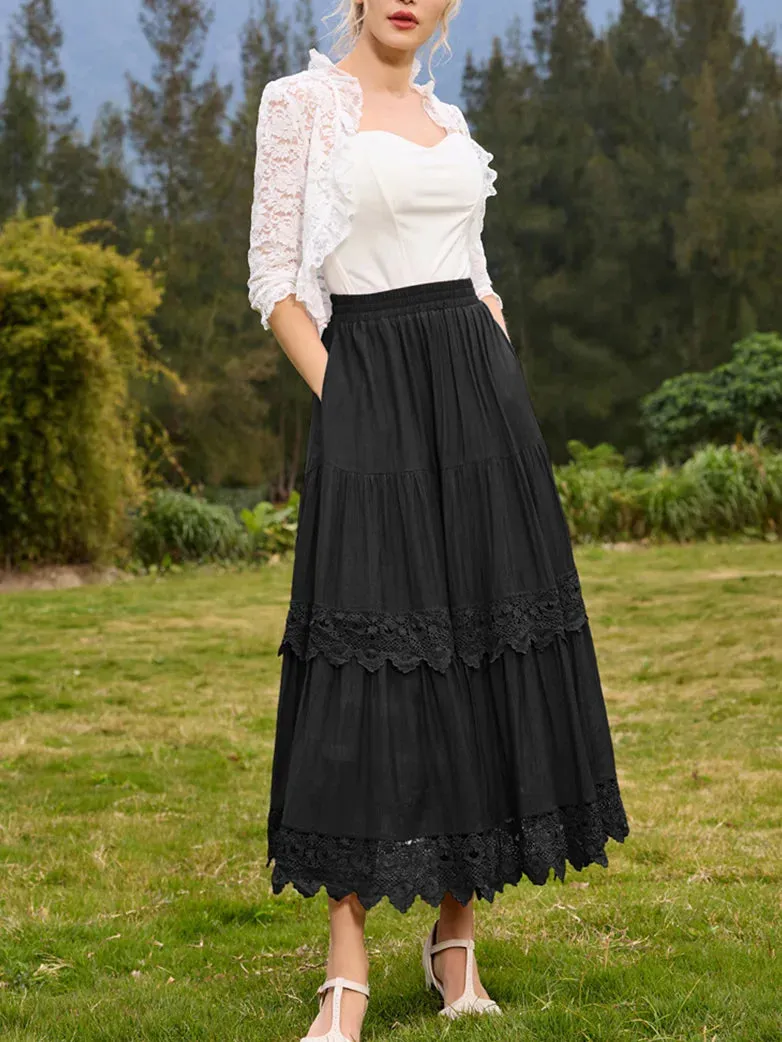 Tiered Skirt Lace Hem Elastic Waist A-Line Skirt