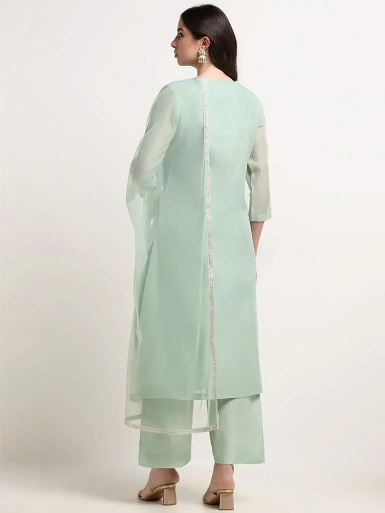 Vark Teal Embroidered Cotton Blend Kurta Set